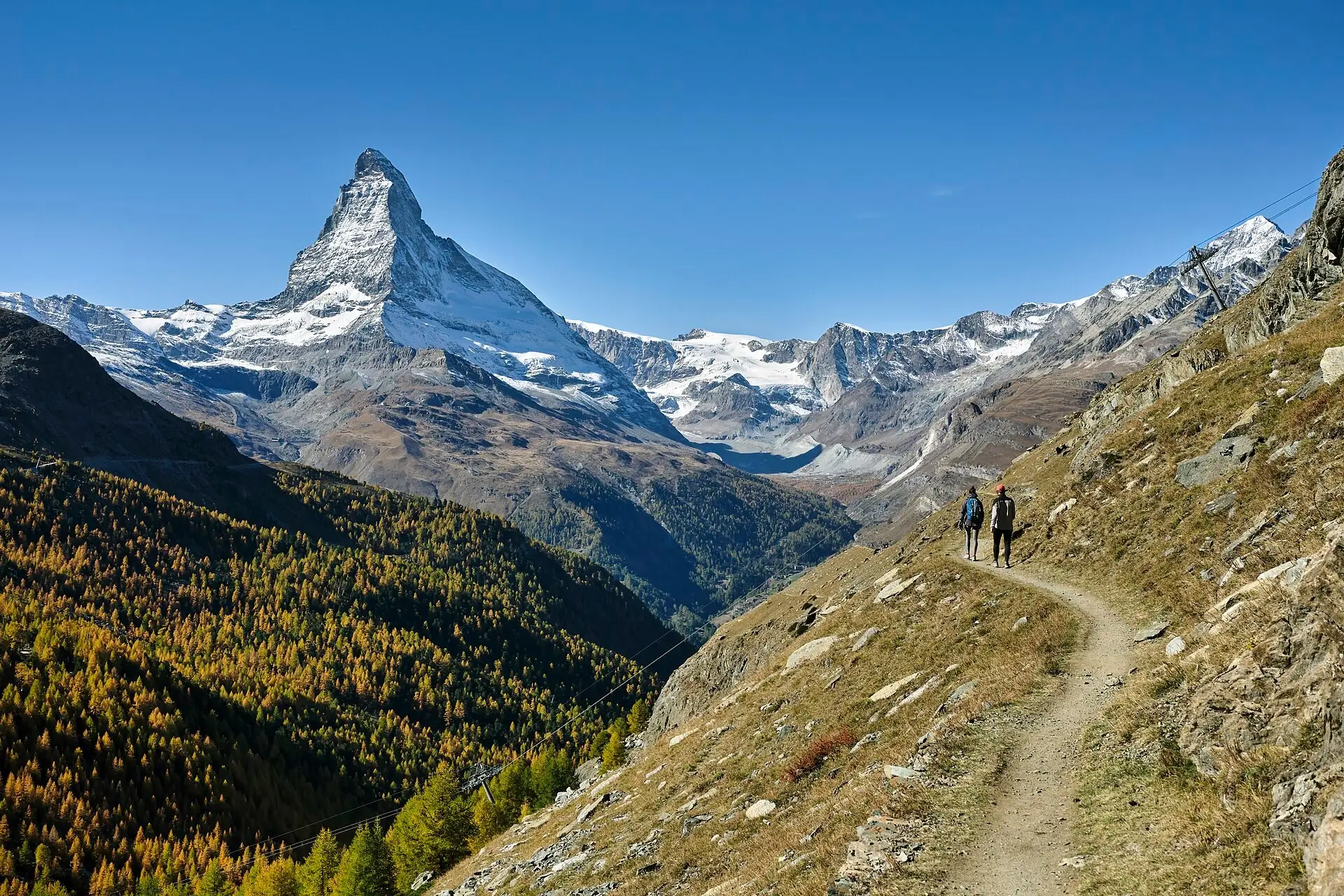Couple standing on rock above a mountain lake with the Matterhorn reflected in the still water at dawn